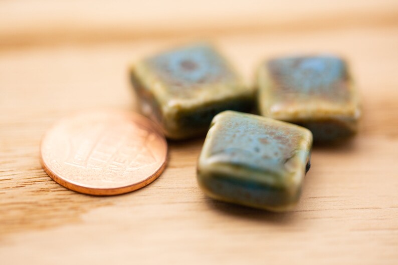 3 count 16mm high quality blue green brown porcelain ceramic beads square shaped beads glazed ceramic destash lot clay