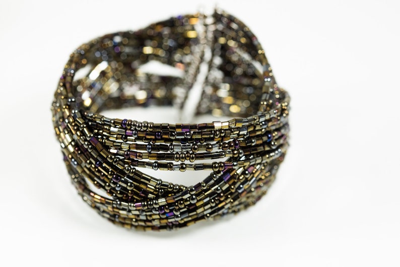 Vintage wire wrapped beaded black brown purple aurora borealis cuff bracelet bangle woven spiraled lines