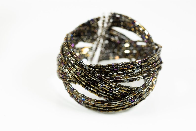 Vintage wire wrapped beaded black brown purple aurora borealis cuff bracelet bangle woven spiraled lines