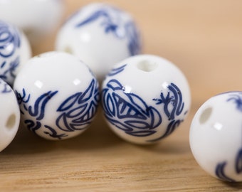10 count 14mm vintage style Chinese white and blue porcelain rounds with symbol floral motif ceramic round circular Longevity beads