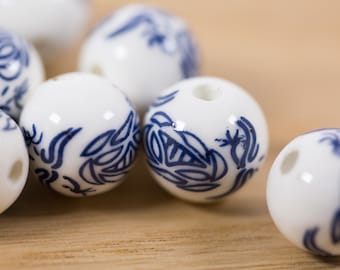 10 count 14mm vintage style Chinese printed white and blue porcelain rounds with symbol floral motif ceramic round circular Longevity beads