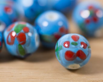 10 count 10mm vintage style Chinese hand painted blue cherry red colorful floral porcelain round beads with flower pattern motif ball bead