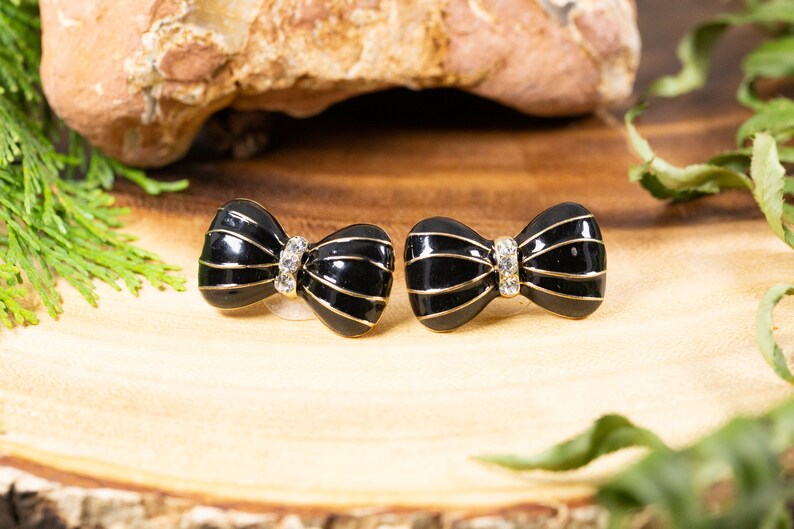 Vintage 1980s Gold and black twisting enamel big black bow earrings with rhinestones 32mm large great gifts for birthdays valentines