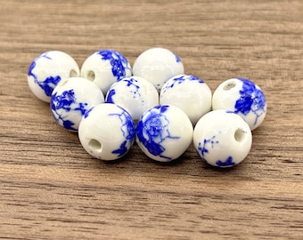 10 count 12mm vintage style Chinese white and blue printed porcelain rounds with flower rose pattern motif round circular beads bead