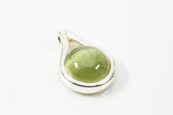 Vintage silver toned green glass charm Pendant tr… - image 1