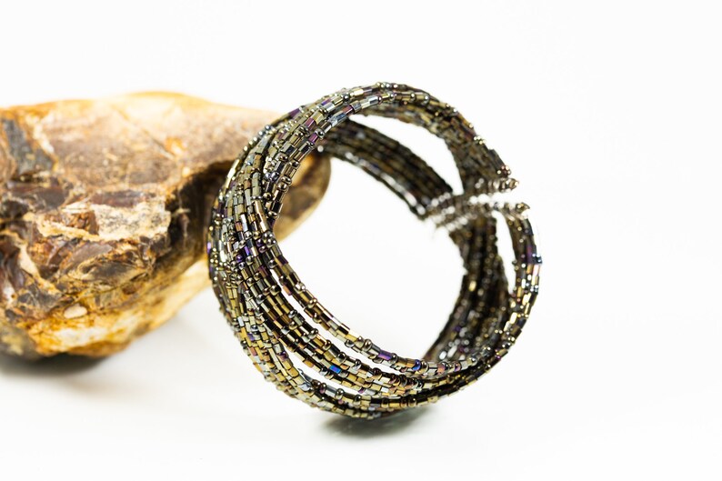 Vintage wire wrapped beaded black brown purple aurora borealis cuff bracelet bangle woven spiraled lines