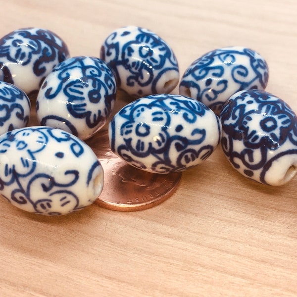 10 count 18mm vintage style Chinese white and blue porcelain rounds floral flower motif ceramic round circular Longevity beads tribal design