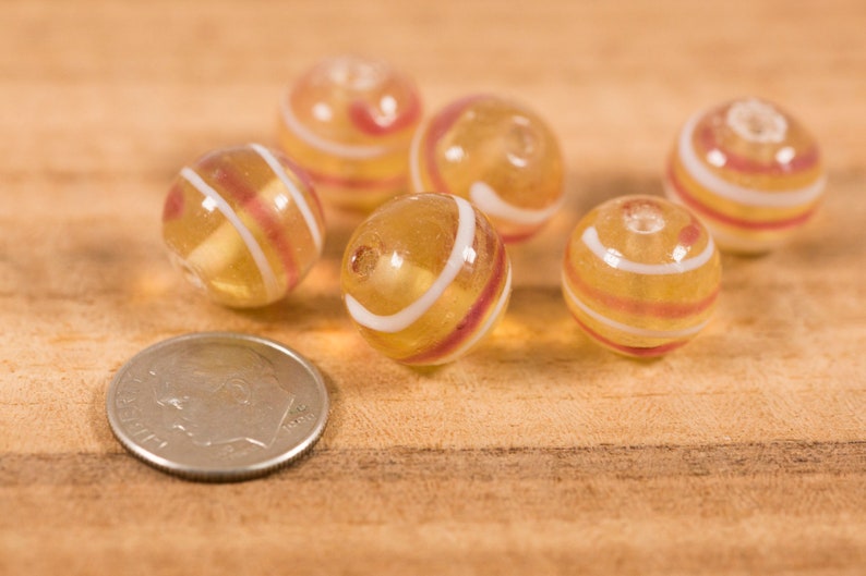 6 count 14mm amber gold white red glass round ball beads beads lampwork destash lot vintage beads