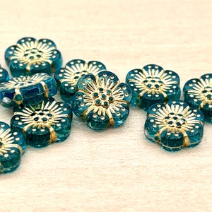 10 count 12mm teal blue and gold traced plastic floral flower wild rose shaped beads destash metallic vintage antique style