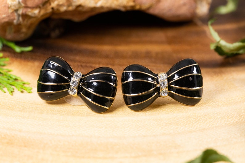 Vintage 1980s Gold and black twisting enamel big black bow earrings with rhinestones 32mm large great gifts for birthdays valentines