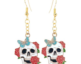 Skull Rose Butterfly Earrings | Gothic Floral Dangle Jewelry