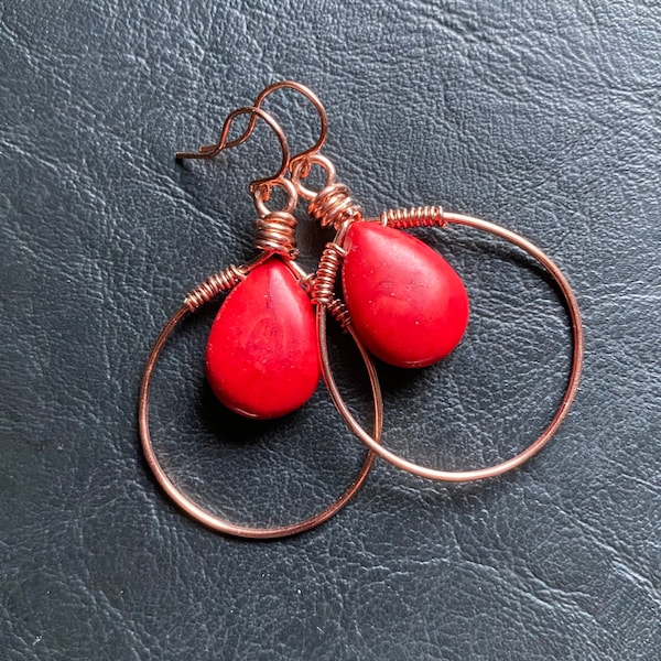 Red Howlite wirewrapped earrings copper handformed hoops healing crystal wire wrap handmade artisan wirewrap gemstone dangle fire bright