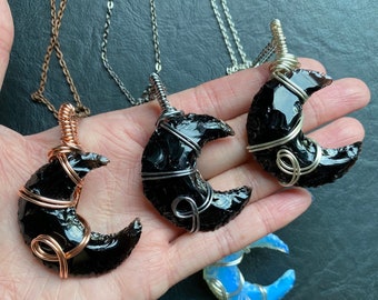 Black Obsidian Crescent Moon Necklace: Wire Wrapped Celestial Pendant