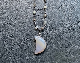 Agate Moon Necklace: Labradorite Moonstone, Gunmetal Wire Wrapped