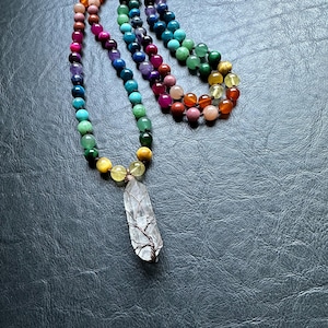 Rainbow Tree of Life Mala Necklace: Hand-Knotted Gemstone Meditation Beads