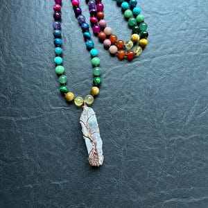 Rainbow Tree of Life Mala 108 beads meditation hand knotted necklace yoga boho guru quartz wire wrapped pendant gem stone crystal healing