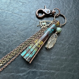 Leather tassel crystal purse bag charm clip chain keychain key chain ring wire wrap healing goth boho rocker biker grunge artisan talisman
