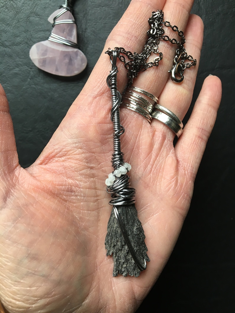 Witch Broom Necklace Pendant Black Kyanite Fan Broom Etsy