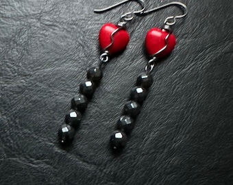 Red Howlite Heart Earrings gunmetal black hematite wire wrapped hypoallergenic niobium Valentines Day love wirewrap healing stone