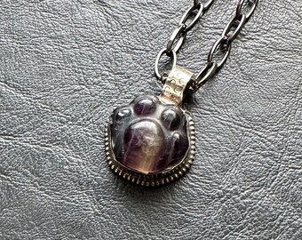 Fluorite Paw Dog Kitty Cat Bear Animal Tibetan silver bezel ornate carved pendant necklace stone jewelry patina pretty girl gift purple