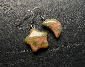 Unakite Moon Star Earrings long dangle sterling silver celestial goddess mismatch handmade jewelry healing crystal natural gem stone