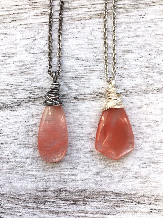 Pink Cherry Strawberry Fire Quartz Teardrop Shield Necklace - Pink Fire Quartz Pendant Pink Cherry Strawberry Fire Quartz Teardrop Shield Necklace - Pink Fire Quartz Pendant