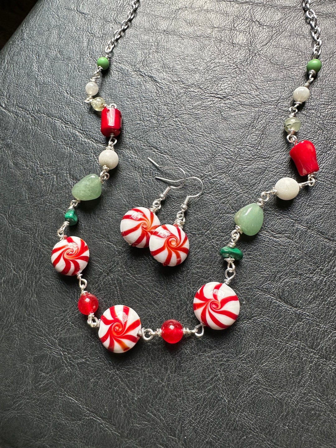 Peppermint Candy Necklace Red White Green Gemstone Wire Wrap Lampwork