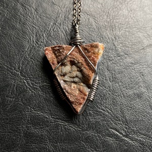 Raw Chalcedony Druzy Pendant Necklace: Gunmetal Wire Wrapped Gemstone