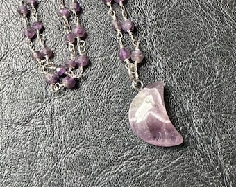 Chevron Amethyst Moon mini crescent pendant necklace petite wirewrapped handmade crystal luna purple celestial healing stone magic witch