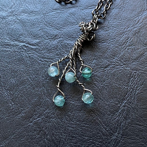 Apatite Wirewrapped Necklace pendant vine branch leaves crystal healing cascade blue berry dew drop green blue artisan leaf rustic