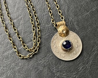 Kuchi Coin Necklace: Vintage Tribal Pendant, Sapphire Blue Jewel