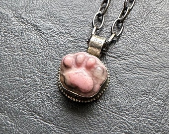Rhodonite Pink Paw Dog Kitty Cat Bear Animal Tibetan silver bezel ornate carved pendant necklace stone jewelry patina pretty girl gift