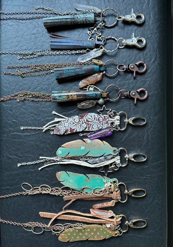Leather Feather Crystal Purse Bag Charm Clip Chain Keychain Key