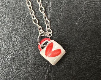 Sterling Silver Red Heart Mug Pendant Necklace: Miniature Ceramic Coffee Cup