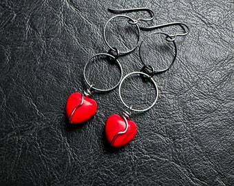 Red Howlite Heart Earrings gunmetal hoop long dangle wire wrapped hypoallergenic niobium Valentines Day love wirewrap healing stone gift her