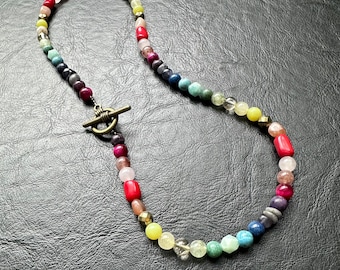 Convertible gemstone necklace mixed multi rainbow beaded gem stone chakras necklace handmade jewelry pride love crystal toggle healing