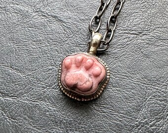 Rhodonite Pink Paw Dog Kitty Cat Bear Animal Tibetan silver bezel ornate carved pendant necklace stone jewelry patina pretty girl gift