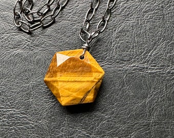 Tiger Eye Hexagon Honeycomb pendant necklace gemstone shape gem stone layering goddess crystal handmade minimalist jewelry love tigers