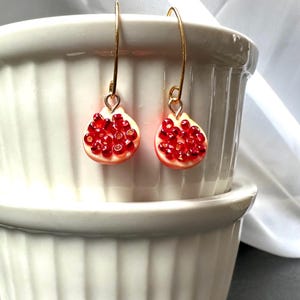 Red Pomegranate Beaded Earrings: Wire Wrapped Fruit Jewelry
