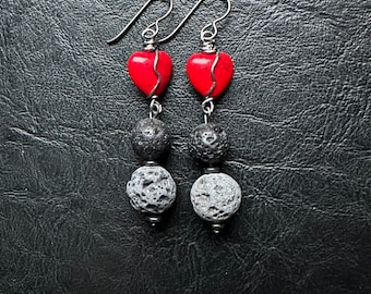 Red Howlite Heart Earrings gunmetal lava beads black wire wrapped hypoallergenic niobium Valentines Day love wirewrap healing stone gift her