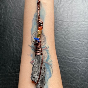 Rainbow broomstick necklace pendant Halloween Big Mama Witch Broom Black Kyanite fan rough wire wrap halloween crystal healing stone pride