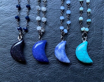 Wire-Wrapped Gemstone Crescent Moon Necklace: Sodalite, Opal, Aventurine
