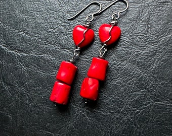 Red Howlite Heart Earrings gunmetal bamboo coral branch goth wire wrapped hypoallergenic niobium Valentines Day love wirewrap healing stone