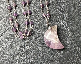 Chevron Amethyst Moon mini crescent pendant necklace petite wirewrapped handmade crystal luna purple celestial healing stone magic witch