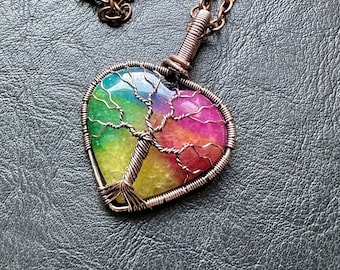 Rainbow Heart Tree of Life necklace Solar Quartz pendant chakras wirewrap reversible pride healing crystal handmade copper jewelry