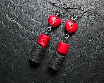 Red Howlite Heart Earrings gunmetal lava beads coral black wire wrapped hypoallergenic niobium Valentines Day love wirewrap healing stone