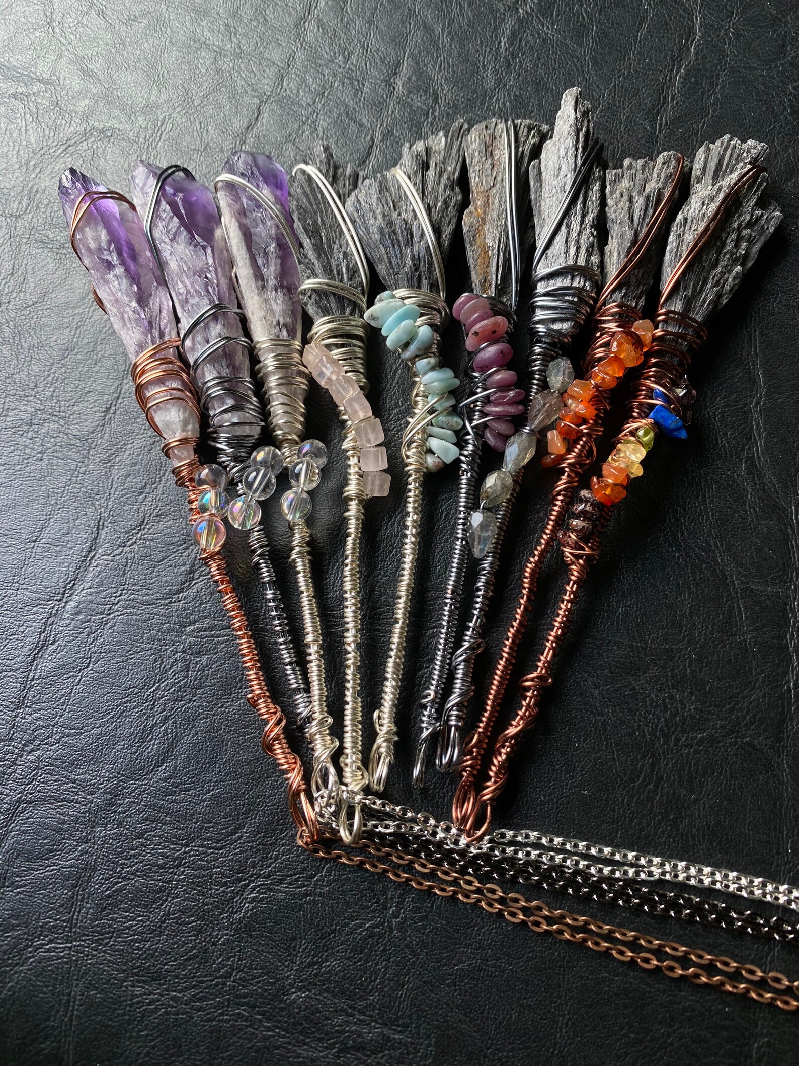 Lepidolite Witch Broomstick Necklace Pendant Black Kyanite Fan Etsy