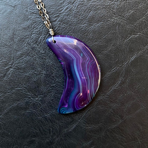 Banded Agate Moon slice crescent pendant necklace wirewrapped handmade crystal luna purple green celestial healing stone