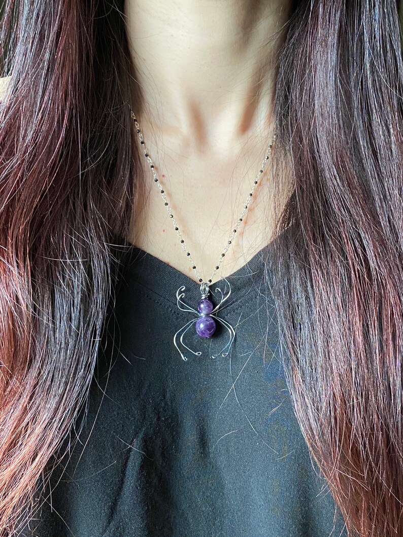 Amethyst Spider gemstone bug halloween creepy crawly necklace earrings set magic witch healing crystal handmade purple niobium hypo