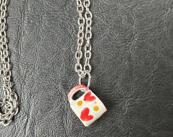 Sterling Silver Red Heart Mug Pendant Necklace: Miniature Ceramic Cup
